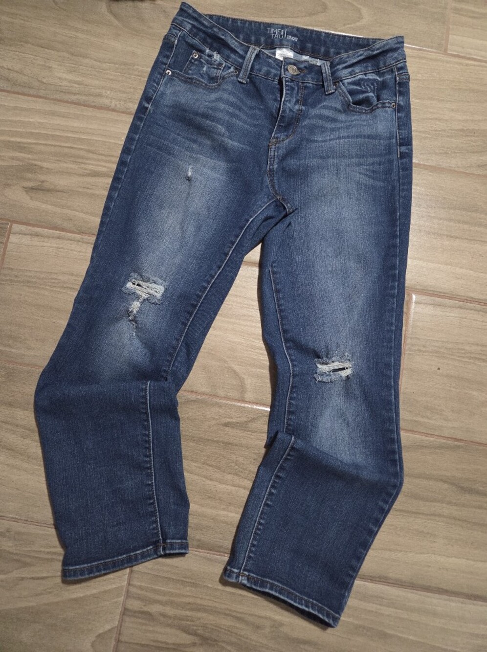 Time and Tru Dark Blue Distressed Stretchy Straight Leg Jeans